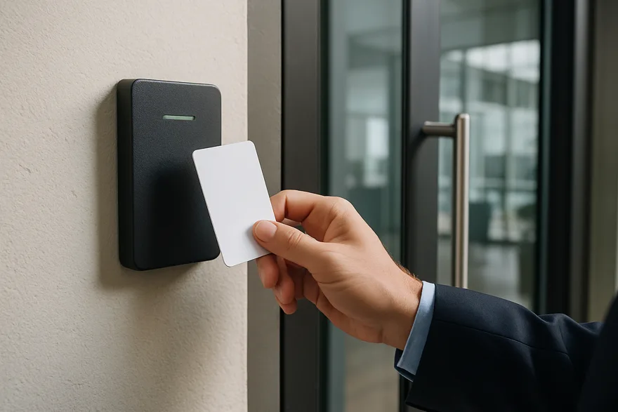 A card reader beside a modern glass office door, an employee's hand holding a badge near it, faces not visible