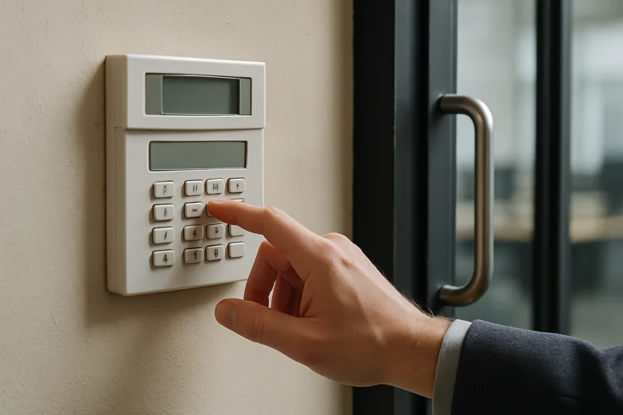 A wall-mounted business alarm keypad beside a glass office door, hand from behind reaching to arm it, screen blank