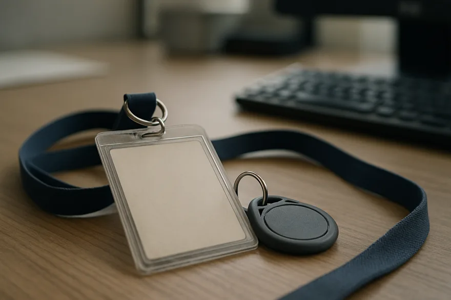 An access badge and key fob on a lanyard lying on an office desk, shallow depth of field