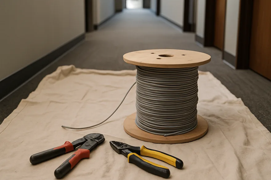 A spool of low-voltage security cable and hand tools on a drop cloth in an office hallway