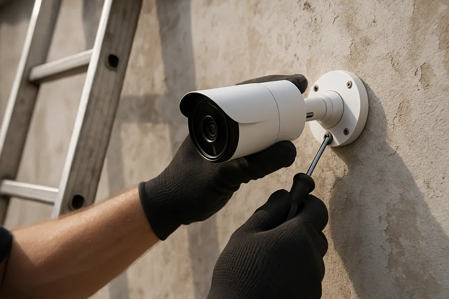 A technician's gloved hands installing a bullet security camera on an exterior wall, ladder edge visible