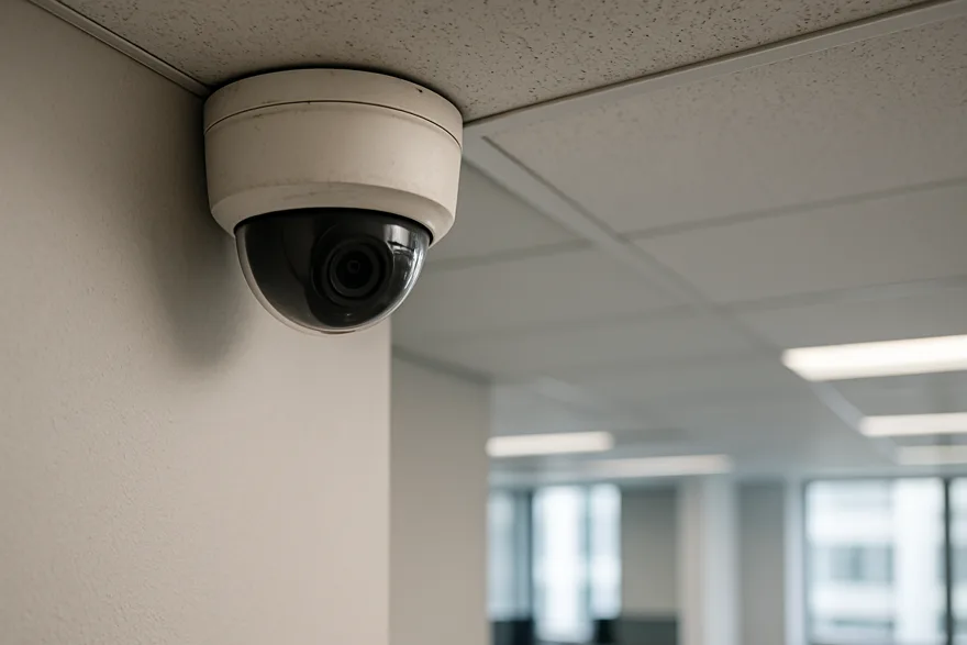 A white dome security camera mounted on an office ceiling corner, clean modern interior background