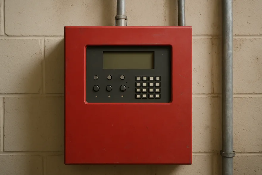 A red commercial fire alarm control panel on a utility room wall, indicator lights unlit and screen blank
