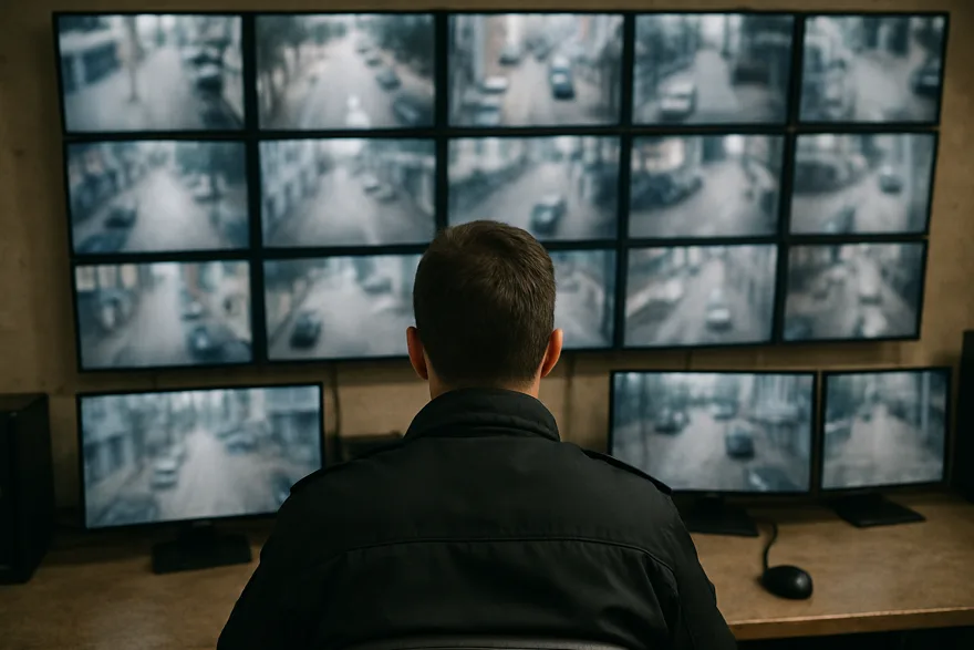 A security monitoring room with a wall of screens showing blurred camera feeds, operator seen from behind