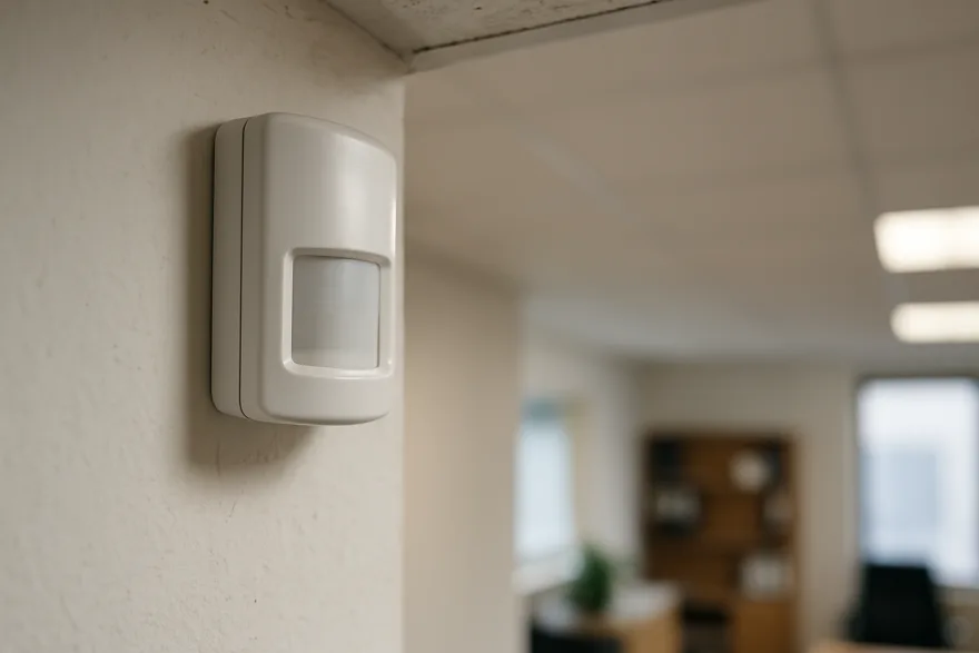 A small white motion sensor mounted high in a room corner, office interior softly blurred