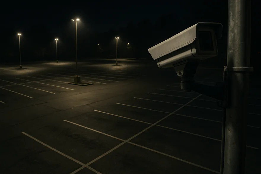 A parking lot at night seen from a pole-mounted security camera's perspective, pools of lamplight