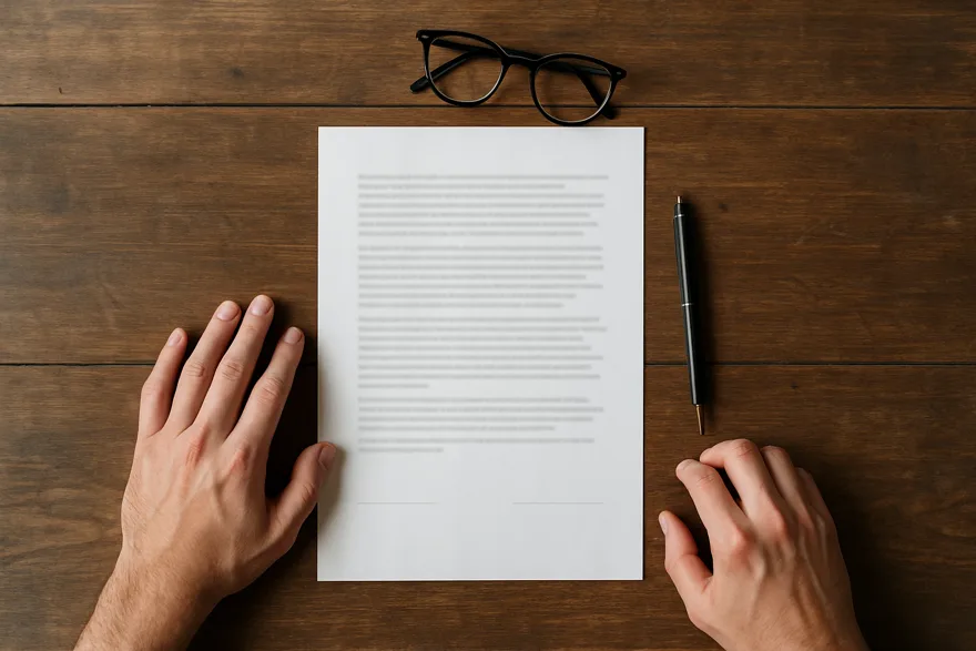 A desk seen from above with a paper contract, pen and reading glasses, hands from behind only