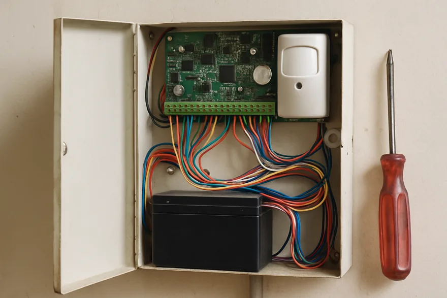 An opened alarm control panel with neat low-voltage wiring, technician's screwdriver in frame