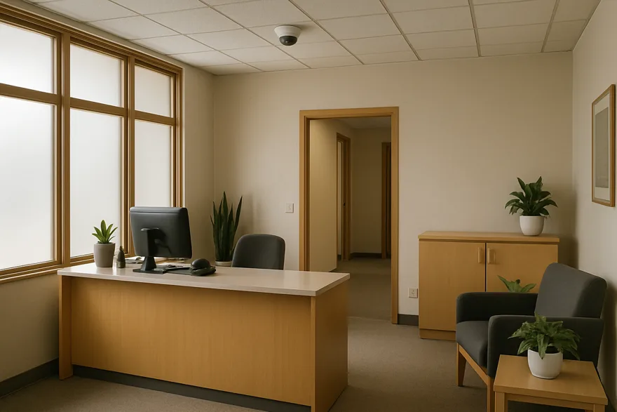 A tidy office reception area with a small dome camera visible on the ceiling, morning light