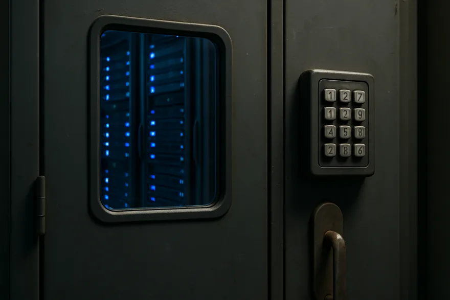 A server room door with a keypad lock, blue-lit racks visible through a small window