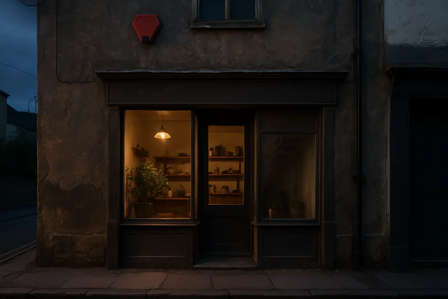 A small storefront exterior at dusk with an alarm bell box mounted high on the wall, no signage text