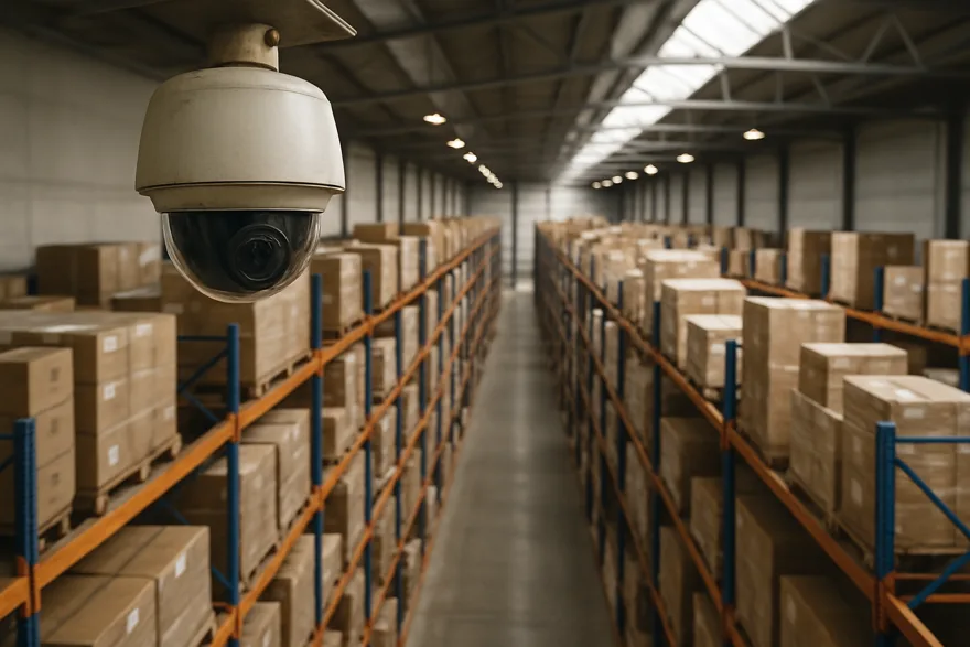 A security camera overlooking tall warehouse racking, wide angle from the ceiling